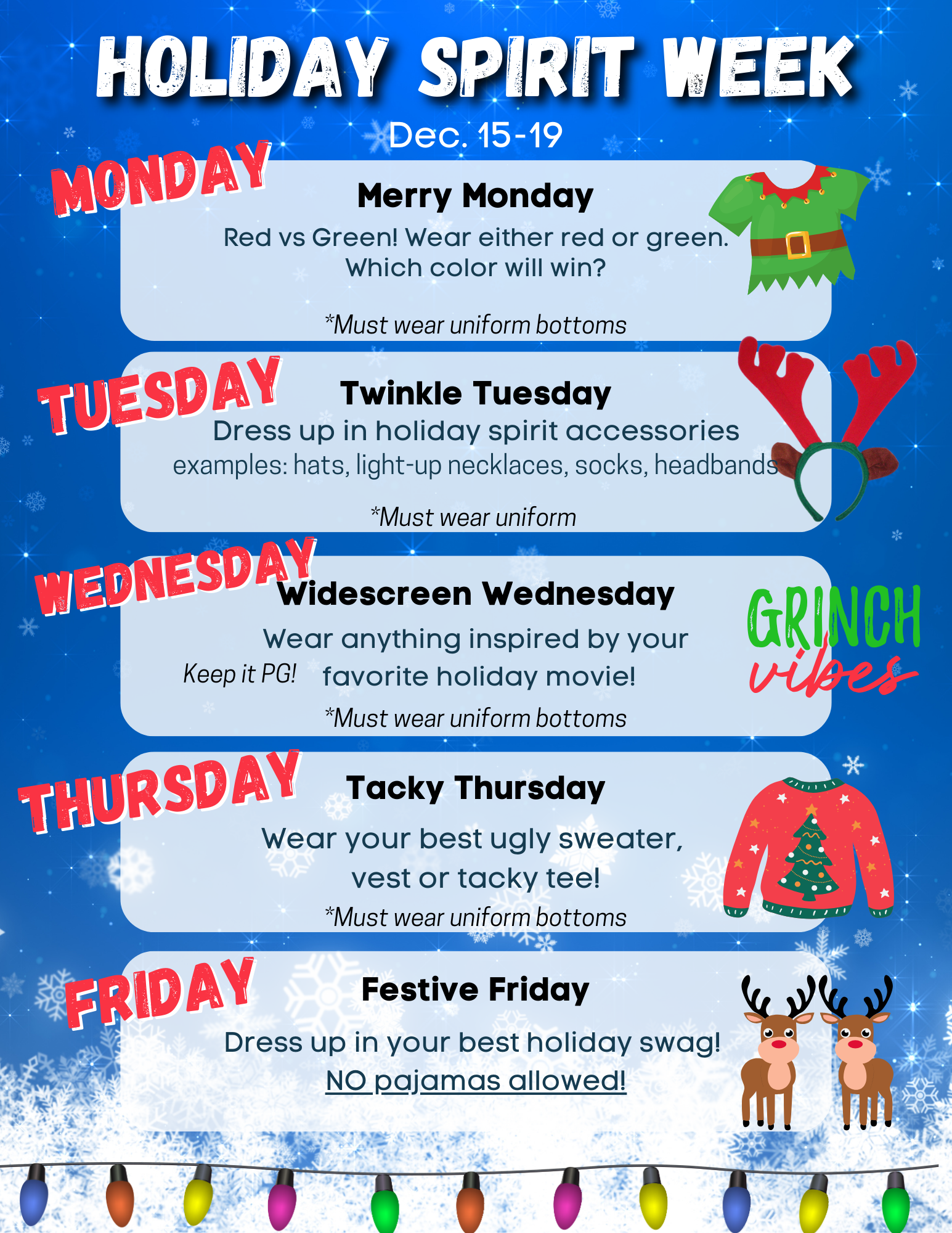 Holiday Spirit Week Calendar